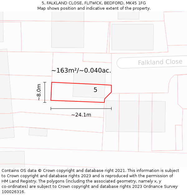 5, FALKLAND CLOSE, FLITWICK, BEDFORD, MK45 1FG: Plot and title map