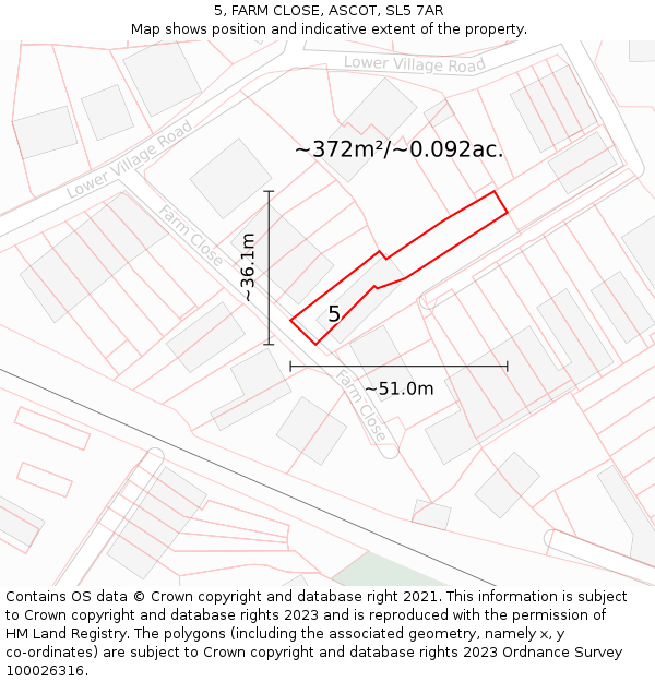 5, FARM CLOSE, ASCOT, SL5 7AR: Plot and title map