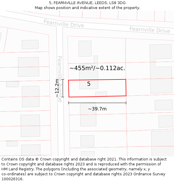 5, FEARNVILLE AVENUE, LEEDS, LS8 3DG: Plot and title map