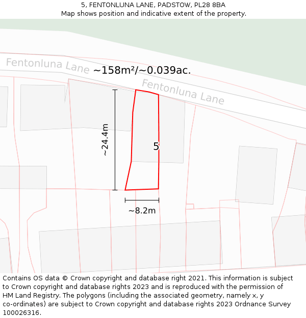 5, FENTONLUNA LANE, PADSTOW, PL28 8BA: Plot and title map