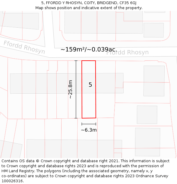 5, FFORDD Y RHOSYN, COITY, BRIDGEND, CF35 6GJ: Plot and title map