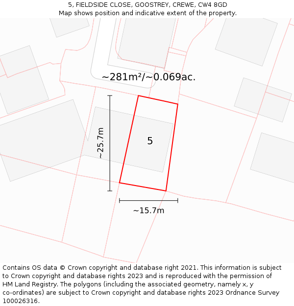 5, FIELDSIDE CLOSE, GOOSTREY, CREWE, CW4 8GD: Plot and title map