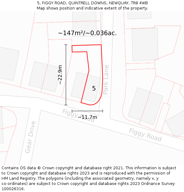 5, FIGGY ROAD, QUINTRELL DOWNS, NEWQUAY, TR8 4WB: Plot and title map