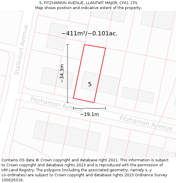 5, FITZHAMON AVENUE, LLANTWIT MAJOR, CF61 1TN: Plot and title map