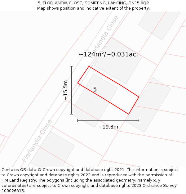 5, FLORLANDIA CLOSE, SOMPTING, LANCING, BN15 0QP: Plot and title map