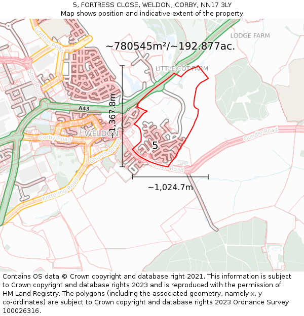5, FORTRESS CLOSE, WELDON, CORBY, NN17 3LY: Plot and title map
