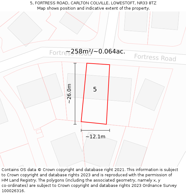 5, FORTRESS ROAD, CARLTON COLVILLE, LOWESTOFT, NR33 8TZ: Plot and title map