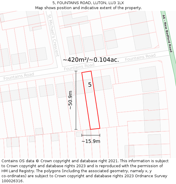 5, FOUNTAINS ROAD, LUTON, LU3 1LX: Plot and title map