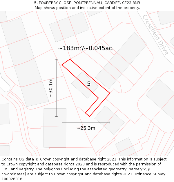 5, FOXBERRY CLOSE, PONTPRENNAU, CARDIFF, CF23 8NR: Plot and title map