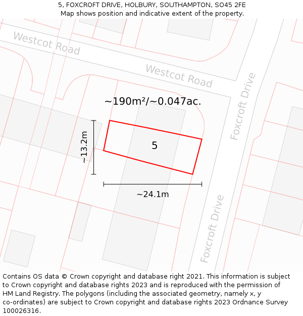 5, FOXCROFT DRIVE, HOLBURY, SOUTHAMPTON, SO45 2FE: Plot and title map