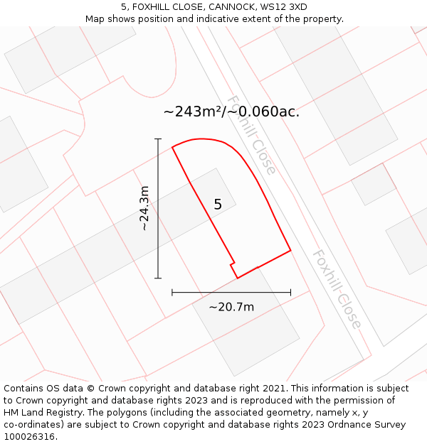 5, FOXHILL CLOSE, CANNOCK, WS12 3XD: Plot and title map