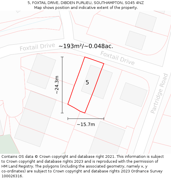 5, FOXTAIL DRIVE, DIBDEN PURLIEU, SOUTHAMPTON, SO45 4NZ: Plot and title map
