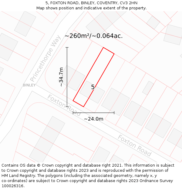 5, FOXTON ROAD, BINLEY, COVENTRY, CV3 2HN: Plot and title map