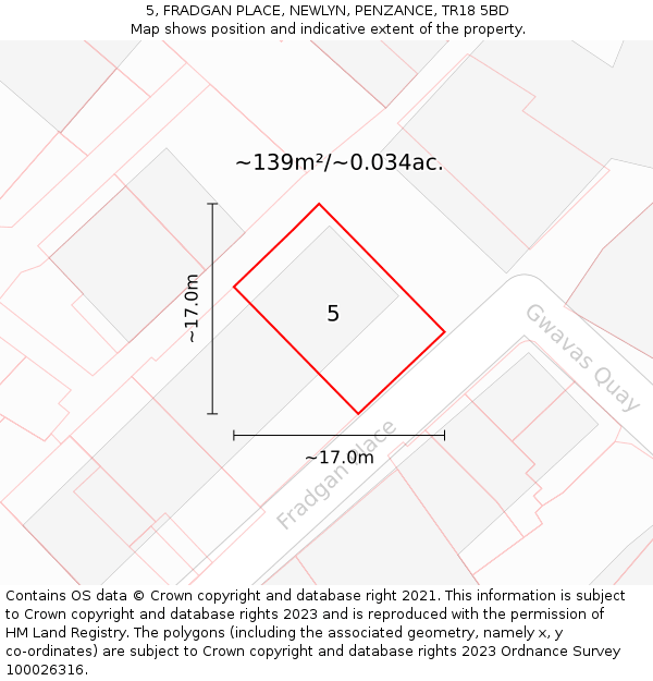 5, FRADGAN PLACE, NEWLYN, PENZANCE, TR18 5BD: Plot and title map