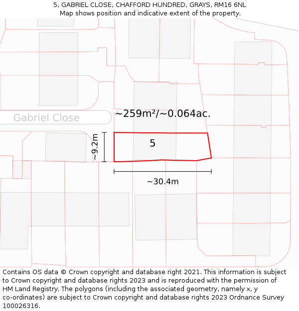 5, GABRIEL CLOSE, CHAFFORD HUNDRED, GRAYS, RM16 6NL: Plot and title map