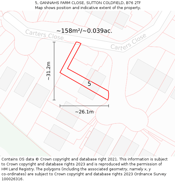 5, GANNAHS FARM CLOSE, SUTTON COLDFIELD, B76 2TF: Plot and title map