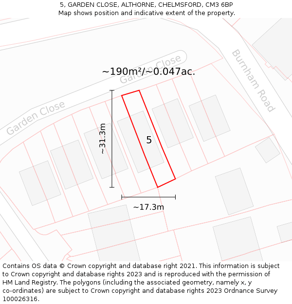 5, GARDEN CLOSE, ALTHORNE, CHELMSFORD, CM3 6BP: Plot and title map