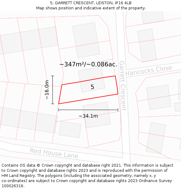 5, GARRETT CRESCENT, LEISTON, IP16 4LB: Plot and title map