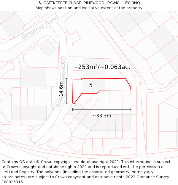 5, GATEKEEPER CLOSE, PINEWOOD, IPSWICH, IP8 3NQ: Plot and title map