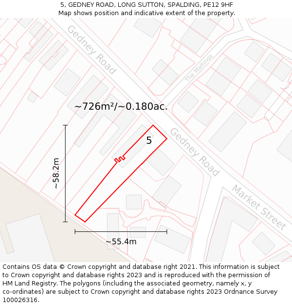5, GEDNEY ROAD, LONG SUTTON, SPALDING, PE12 9HF: Plot and title map