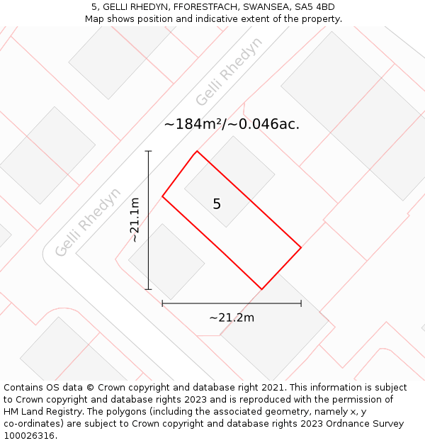5, GELLI RHEDYN, FFORESTFACH, SWANSEA, SA5 4BD: Plot and title map