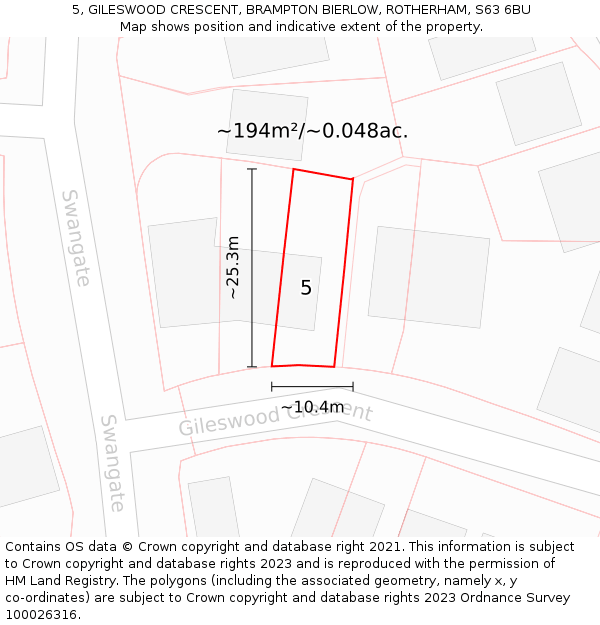 5, GILESWOOD CRESCENT, BRAMPTON BIERLOW, ROTHERHAM, S63 6BU: Plot and title map