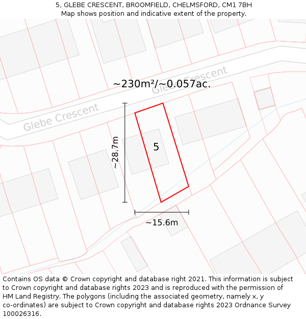 5, GLEBE CRESCENT, BROOMFIELD, CHELMSFORD, CM1 7BH: Plot and title map