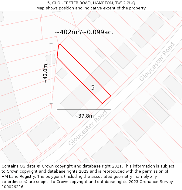 5, GLOUCESTER ROAD, HAMPTON, TW12 2UQ: Plot and title map
