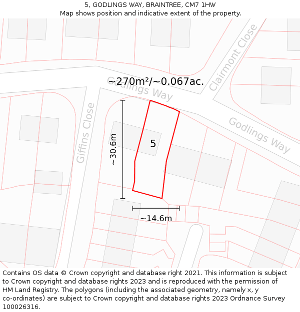 5, GODLINGS WAY, BRAINTREE, CM7 1HW: Plot and title map
