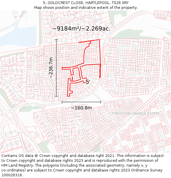 5, GOLDCREST CLOSE, HARTLEPOOL, TS26 0RY: Plot and title map