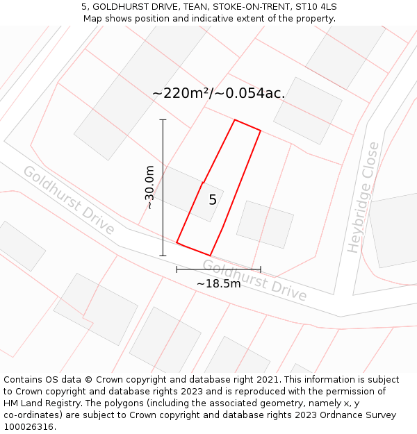 5, GOLDHURST DRIVE, TEAN, STOKE-ON-TRENT, ST10 4LS: Plot and title map