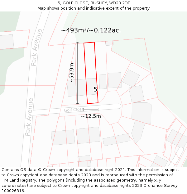 5, GOLF CLOSE, BUSHEY, WD23 2DF: Plot and title map