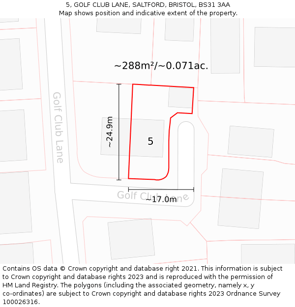 5, GOLF CLUB LANE, SALTFORD, BRISTOL, BS31 3AA: Plot and title map