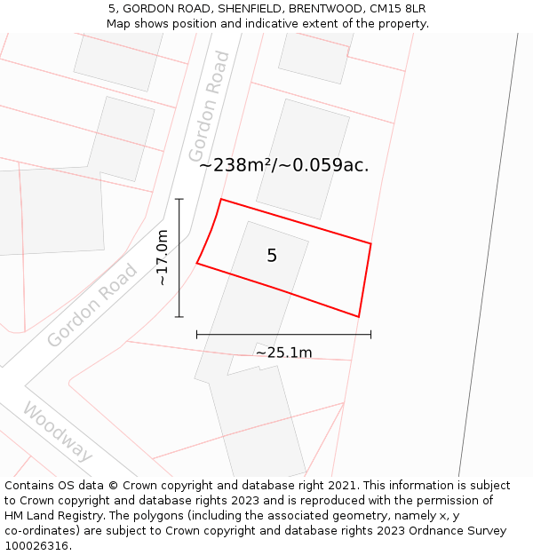 5, GORDON ROAD, SHENFIELD, BRENTWOOD, CM15 8LR: Plot and title map