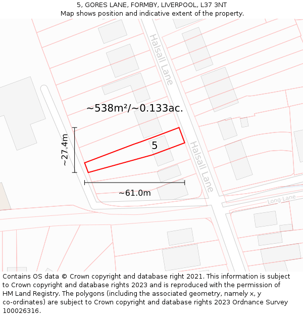 5, GORES LANE, FORMBY, LIVERPOOL, L37 3NT: Plot and title map