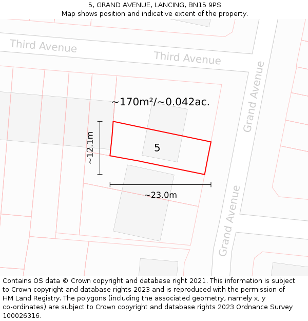 5, GRAND AVENUE, LANCING, BN15 9PS: Plot and title map