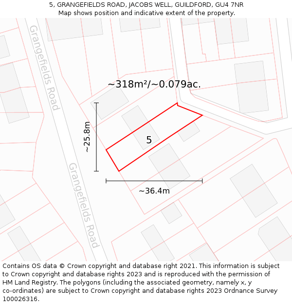 5, GRANGEFIELDS ROAD, JACOBS WELL, GUILDFORD, GU4 7NR: Plot and title map