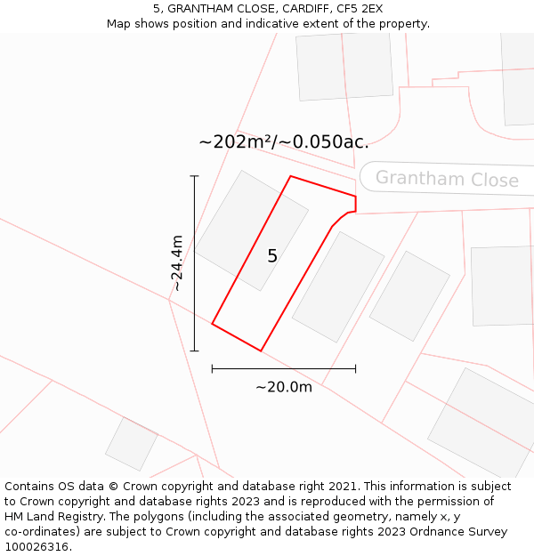 5, GRANTHAM CLOSE, CARDIFF, CF5 2EX: Plot and title map