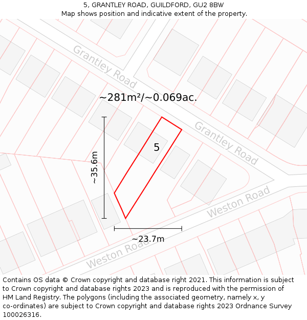 5, GRANTLEY ROAD, GUILDFORD, GU2 8BW: Plot and title map