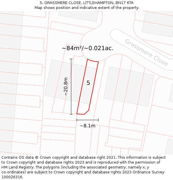 5, GRASSMERE CLOSE, LITTLEHAMPTON, BN17 6TA: Plot and title map