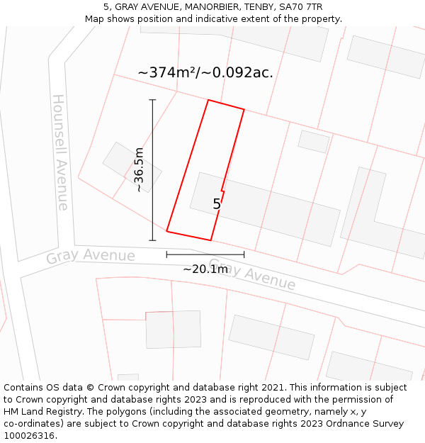 5, GRAY AVENUE, MANORBIER, TENBY, SA70 7TR: Plot and title map