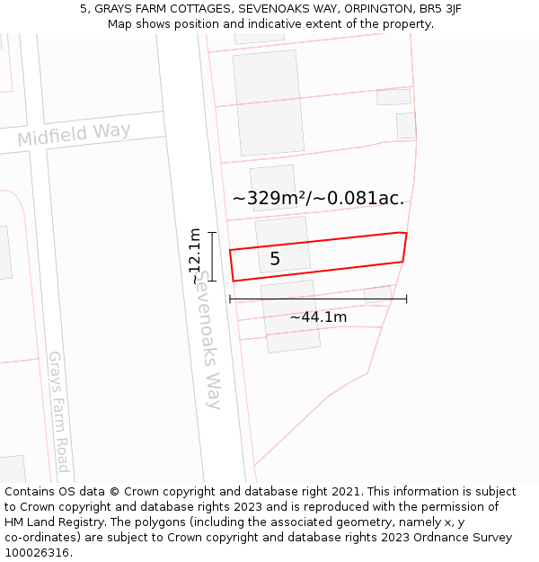 5, GRAYS FARM COTTAGES, SEVENOAKS WAY, ORPINGTON, BR5 3JF: Plot and title map