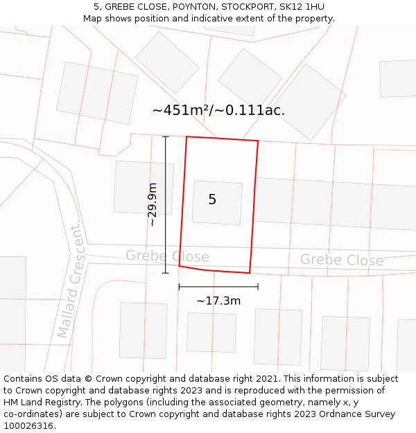 5, GREBE CLOSE, POYNTON, STOCKPORT, SK12 1HU: Plot and title map