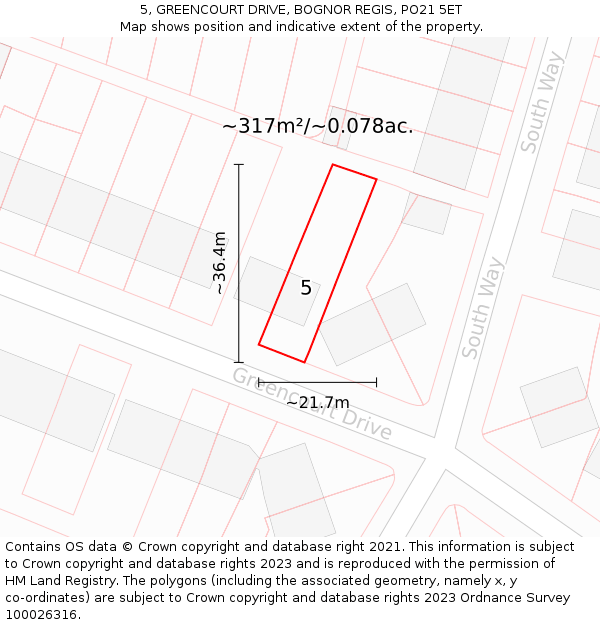 5, GREENCOURT DRIVE, BOGNOR REGIS, PO21 5ET: Plot and title map