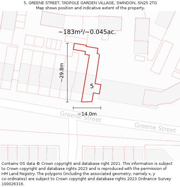 5, GREENE STREET, TADPOLE GARDEN VILLAGE, SWINDON, SN25 2TG: Plot and title map