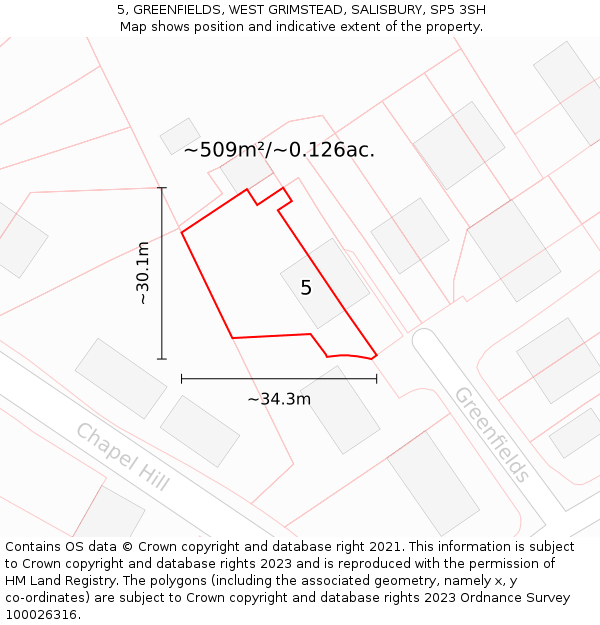 5, GREENFIELDS, WEST GRIMSTEAD, SALISBURY, SP5 3SH: Plot and title map