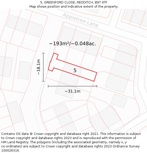 5, GREENFORD CLOSE, REDDITCH, B97 6TF: Plot and title map