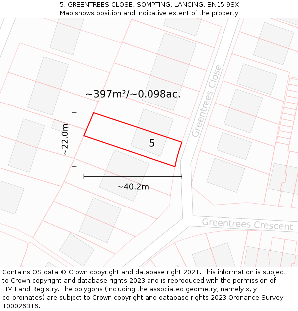 5, GREENTREES CLOSE, SOMPTING, LANCING, BN15 9SX: Plot and title map