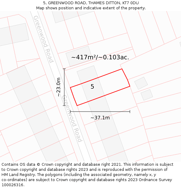 5, GREENWOOD ROAD, THAMES DITTON, KT7 0DU: Plot and title map
