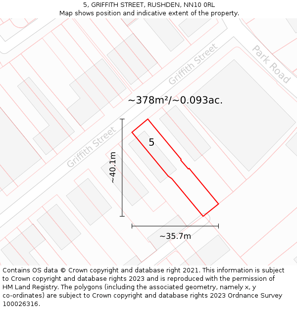 5, GRIFFITH STREET, RUSHDEN, NN10 0RL: Plot and title map